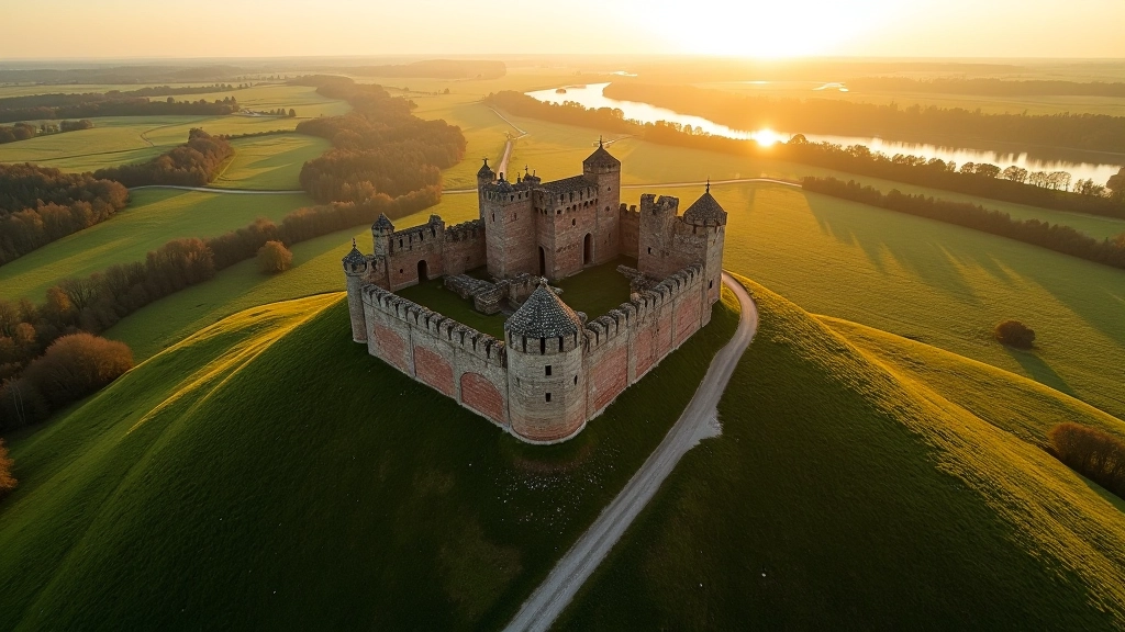 Scenic view of Koknese medieval fortress perched on hilltop overlooking Daugava River valley with walking paths