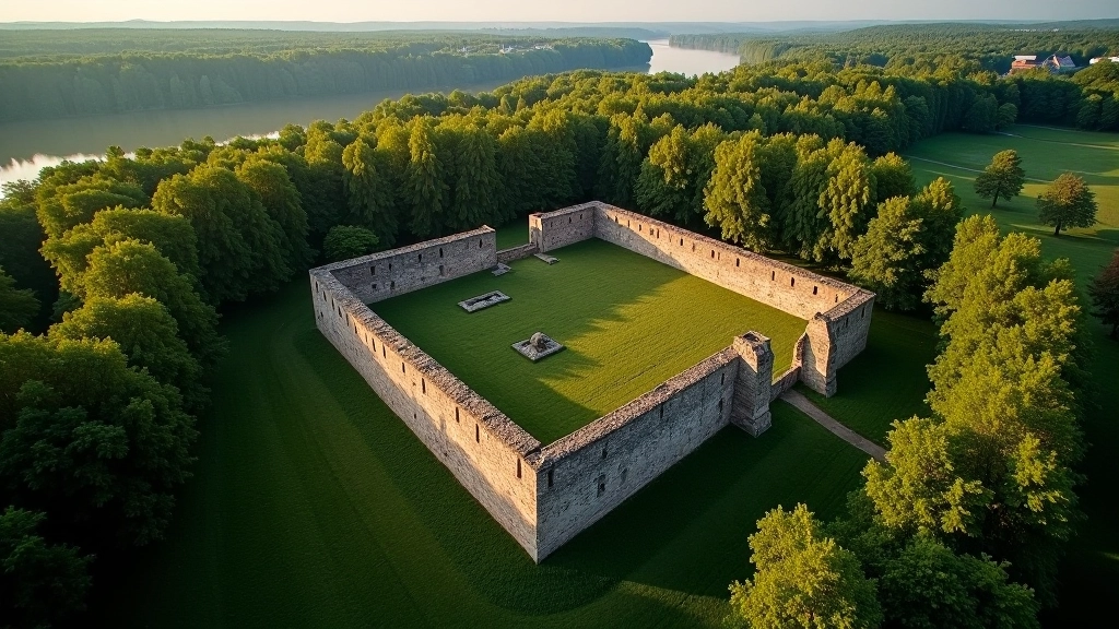 Aerial view of Koknese Fortress ruins with stone walls, surrounded by green forest canopy and river valley below