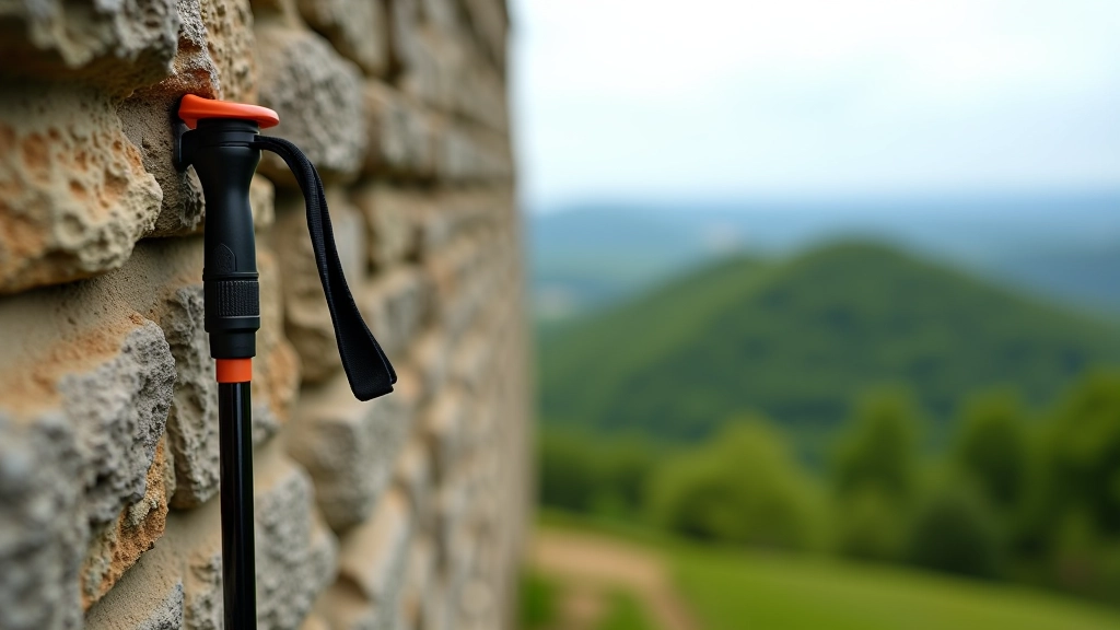 Trekking pole leaning against ancient fortress stone wall, close-up detail showing aluminum shaft and grip handle with blurred hilltop in background