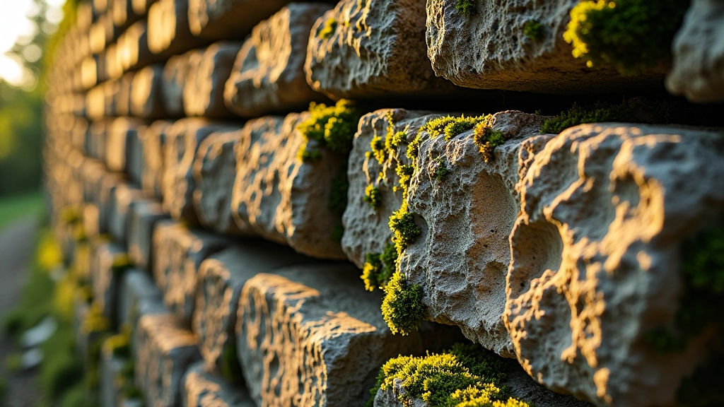Close-up of weathered medieval stone wall with moss and lichen, texture detail of fortress architecture