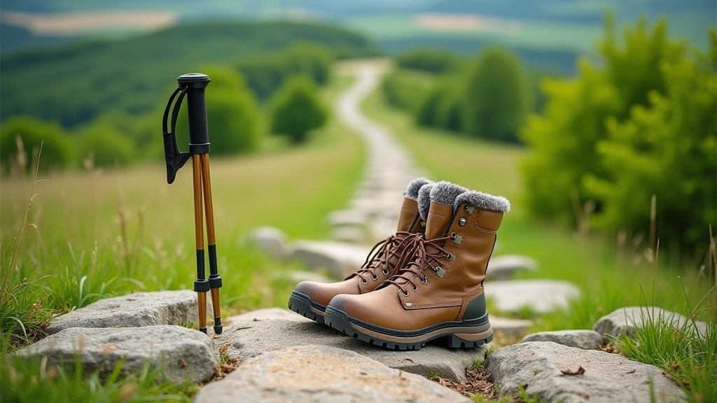 Close-up of hiking boots and walking poles on rocky path with green landscape