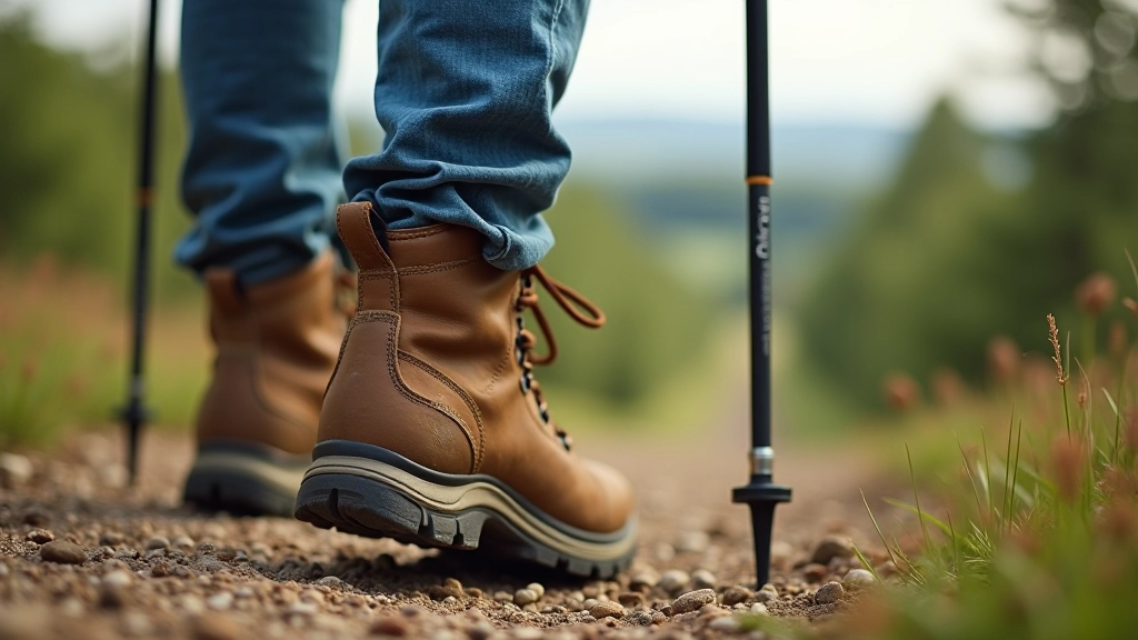 Close-up of hiking boots and walking poles on rocky path with green landscape and fortress visible