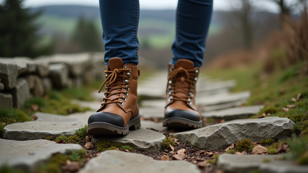Hiker wearing proper hiking boots on stone fortress path, close-up of feet on weathered medieval stonework with moss and lichen