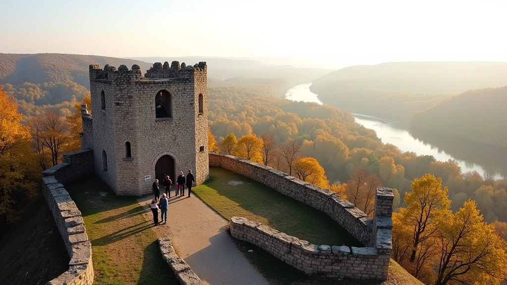 Medieval fortress ruins overlooking river valley