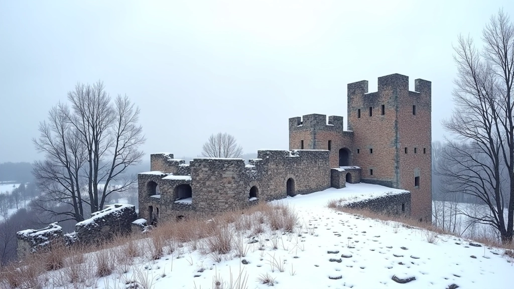 Medieval fortress ruins covered in light snow, frost on stone walls, bare tree branches, quiet winter landscape with gray sky
