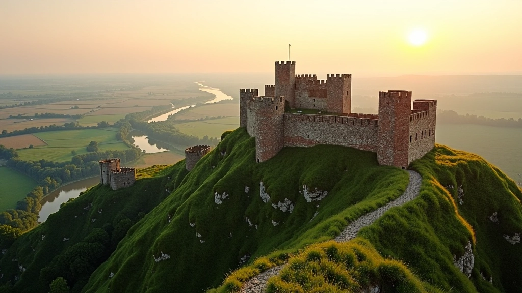 Stone castle ruins perched on green hilltop overlooking river valley