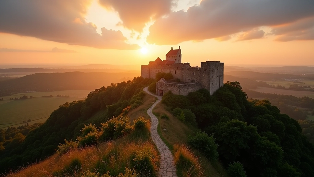 Stone fortress ruins perched on green hilltop with river valley below