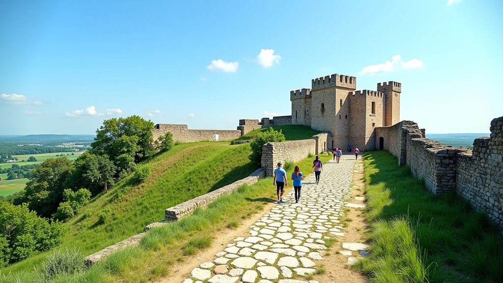 Sunny day at medieval fortress ruins with groups of visitors walking along stone paths, lush green vegetation surrounding the site