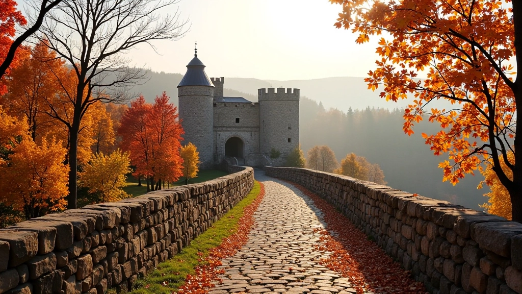 Golden and red autumn foliage framing medieval fortress stone walls, falling leaves visible in soft afternoon light, quiet pathways