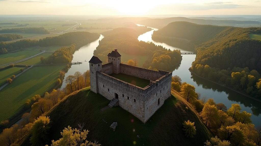 River valley landscape with medieval fortress visible on hillside in background and winding river below