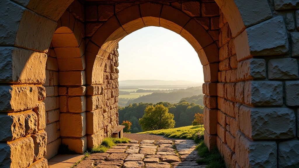 Medieval fortress stone walls and archway with valley views and river winding through landscape