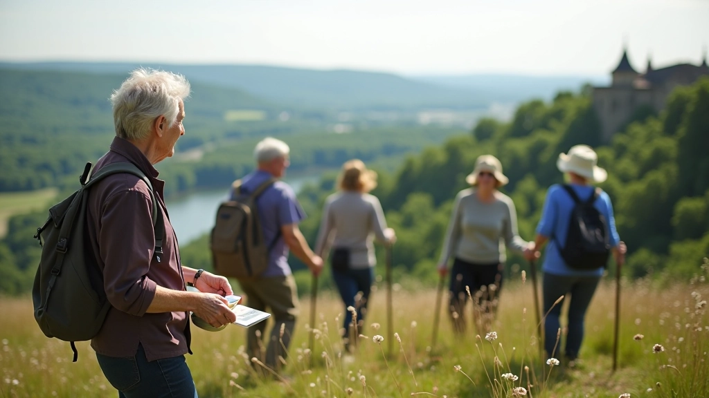 Group of seniors enjoying full-day heritage expedition combining fortress exploration and scenic valley walks