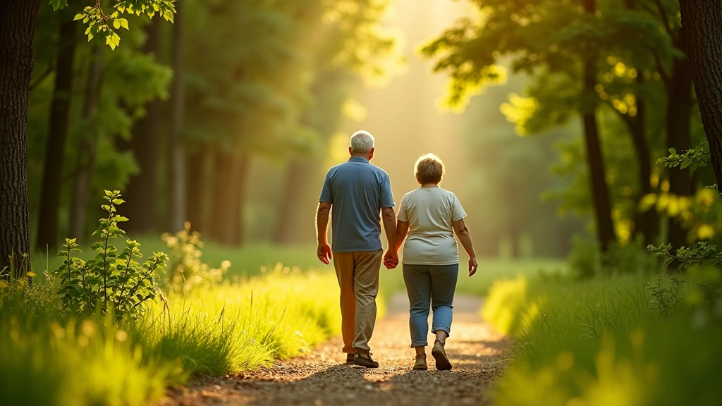 Senior couple walking together on peaceful forest path near Daugava River with historical fortress visible in distance through trees