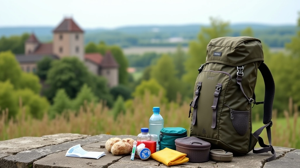 Backpack open on outdoor picnic blanket showing packed snacks, water bottle, and first aid supplies with fortress view in distance