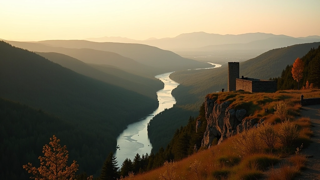 Wide river valley landscape view from hilltop, Daugava River winding through green forests, scenic overlook