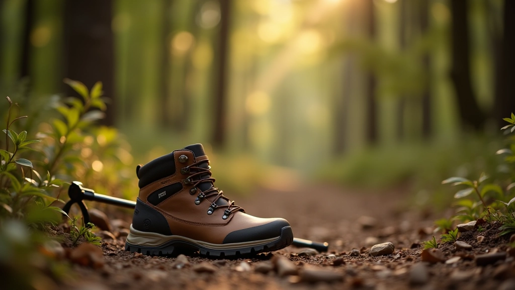 Hiking boots and walking poles resting on forest trail, outdoor gear photography for senior walkers