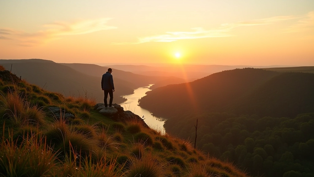 Scenic hilltop viewpoint with rolling green landscape, river valley, and clear sky during golden hour