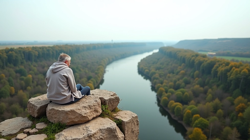 Scenic river overlook from hilltop showing winding Daugava river through green forested valley below with clear blue sky