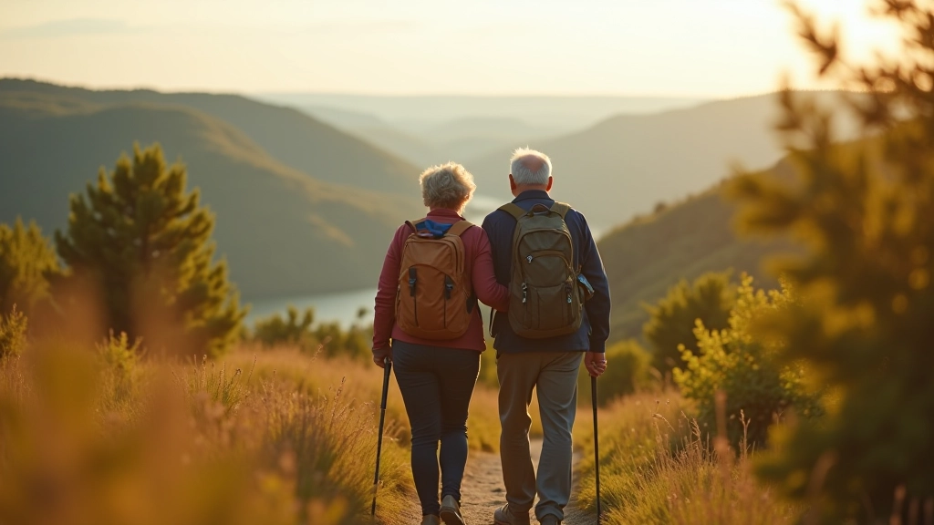 Elderly couple walking on wide dirt path with medieval fortress walls visible on hillside