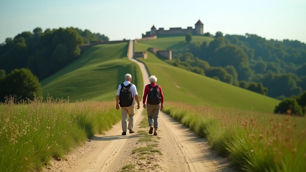 Elderly couple walking on wide dirt path with stone fortress walls visible on hillside