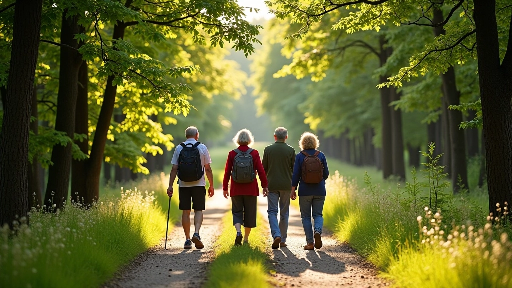 Group of senior travelers walking along heritage path