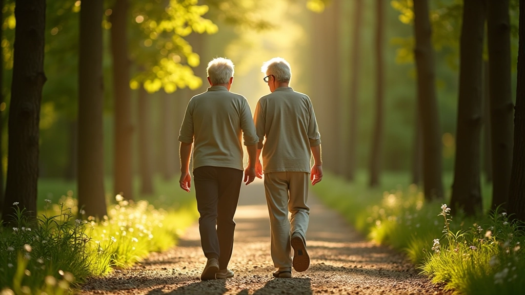 Senior couple walking on wide gravel path through forested area with dappled sunlight