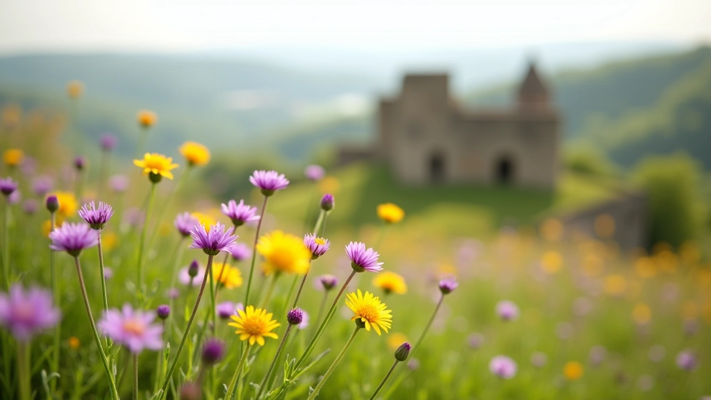 Close-up of purple and yellow wildflowers blooming on hillside with ancient stone fortress walls in soft-focus background