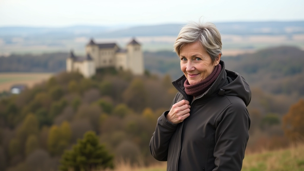 Woman wearing layered clothing adjusting a light fleece jacket, outdoor hilltop setting with castle ruins visible, clear weather