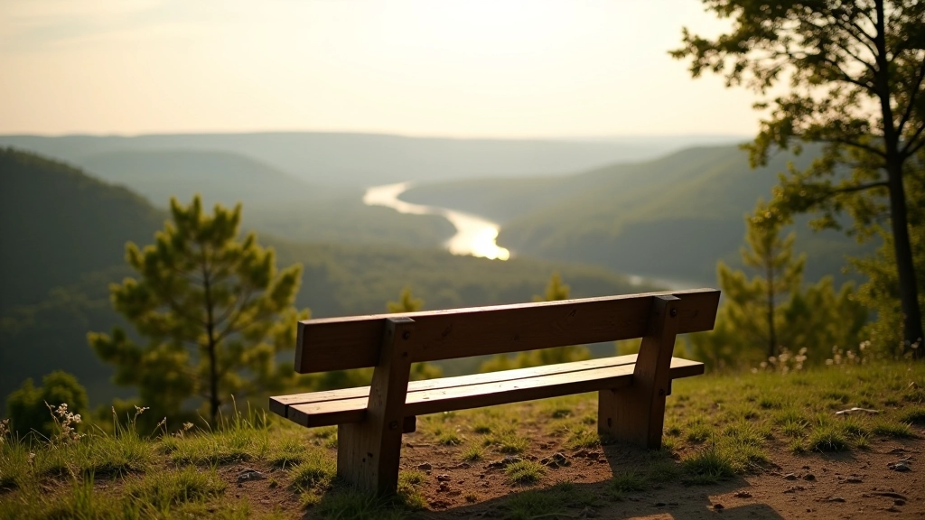 Wooden bench overlooking Daugava River valley with green trees below and river visible in distance