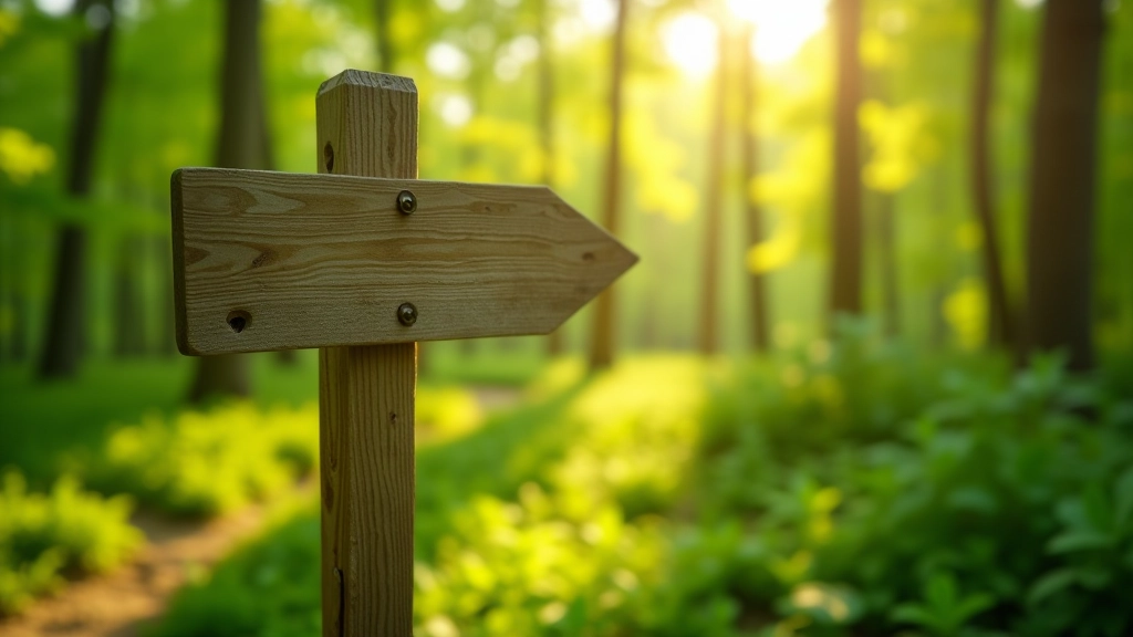 Wooden signpost marking hiking trail direction in forest near Koknese, morning light filtering through trees